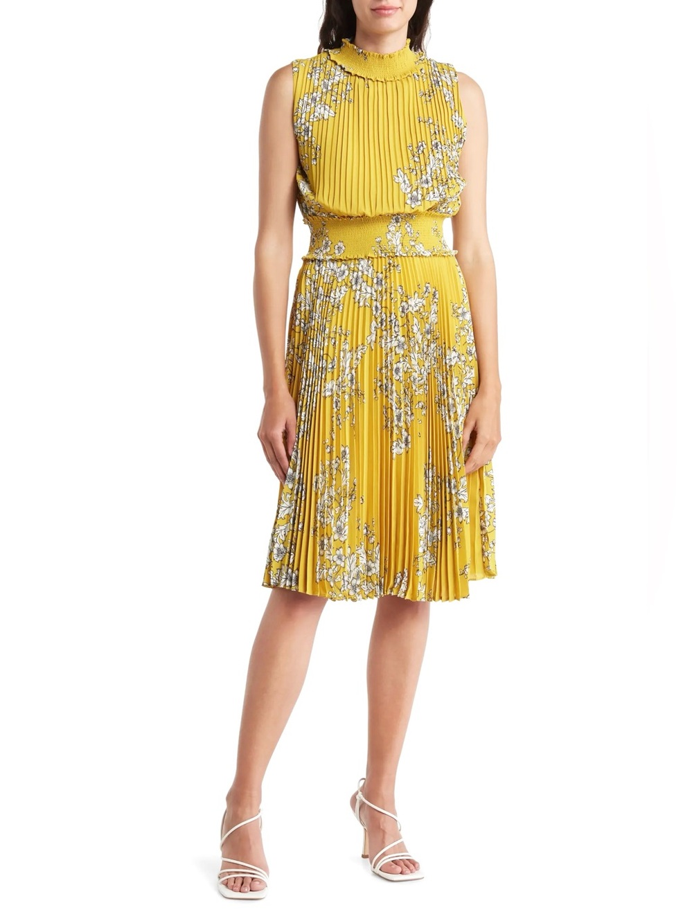 NWT Nanette Lepore Smocked Floral Pleated Chiffon Dress Size 8 Golden Cypress